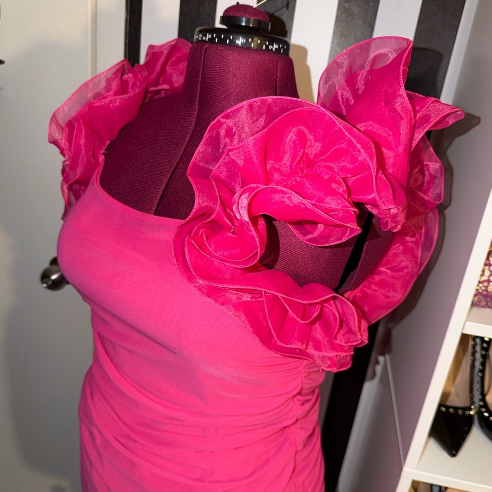 Pink Ruched Ruffle Sleeve Dress